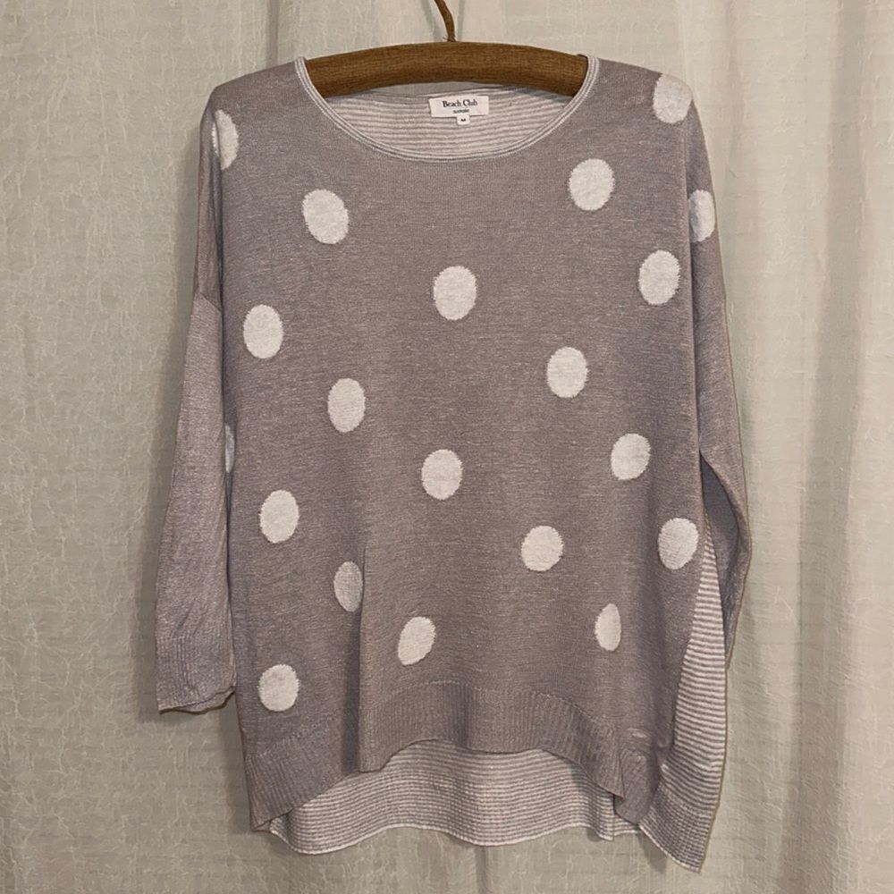 Beach Club S Linen Lightweight Crewneck Sweater Gray White Polka Stripes